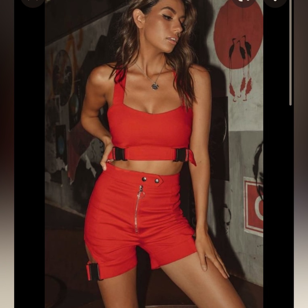 beginning boutique red buckle crop top & short set